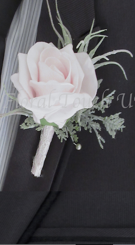 ce Pink Rose & Flocked Foliage Buttonhole with lace to stem
